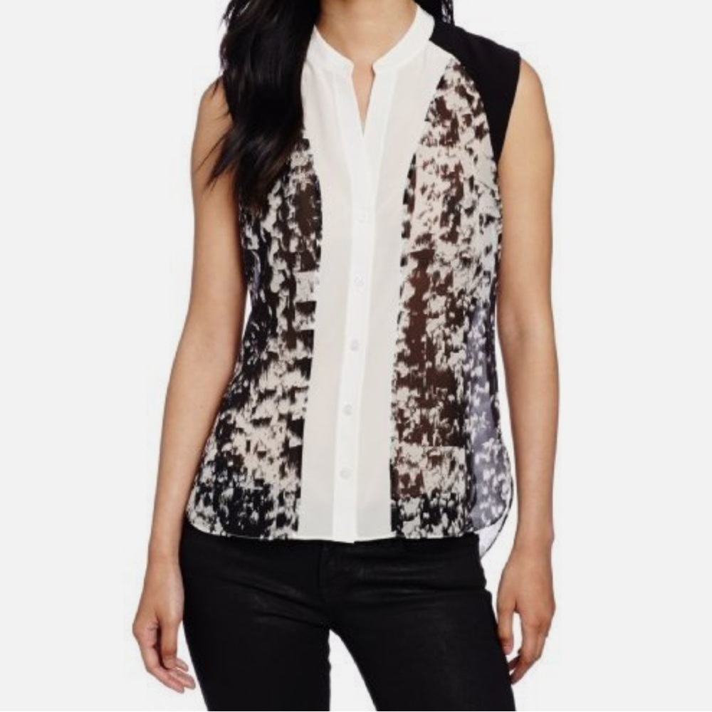 BCBG Chic Black & Cream Sleeveless Silk Blouse w/ Mandarin Collar “Ellen” Small